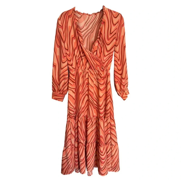 NWT Dex Tiered Midi Dress Sz  XS Coral Swirl Psychedelic Funky Hippie Wrap Front - Picture 2 of 16